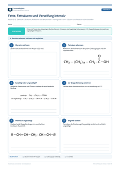 Fette, Fettsäuren & Verseifung intensiv – kostenloses Chemie-Arbeitsblatt mit Lösungen (PDF)