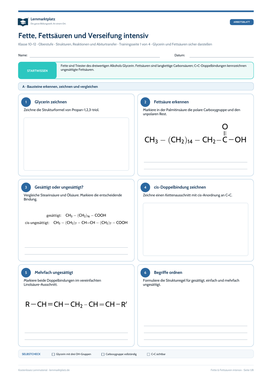 Fette, Fettsäuren und Verseifung intensiv – Chemie-Arbeitsblatt mit Lösungen
