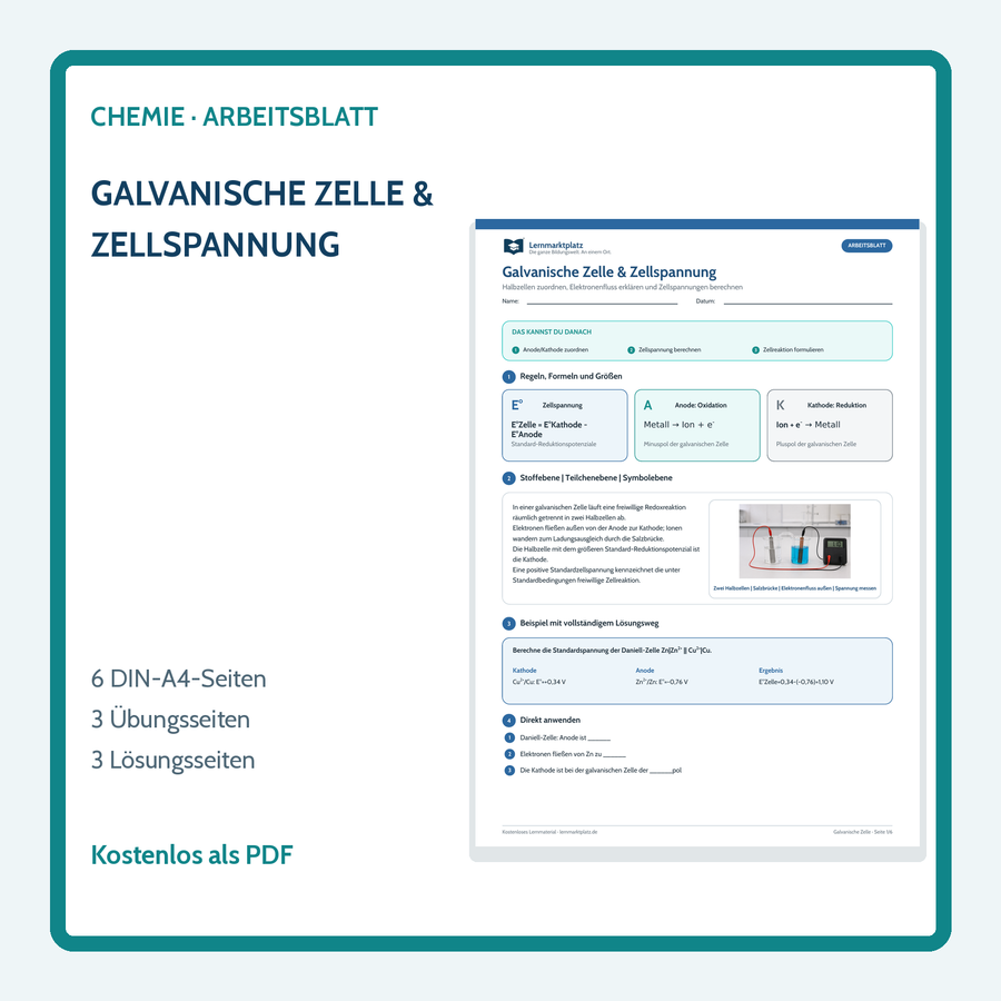 Chemie-Arbeitsblatt galvanische Zelle und Zellspannung mit Lösungen