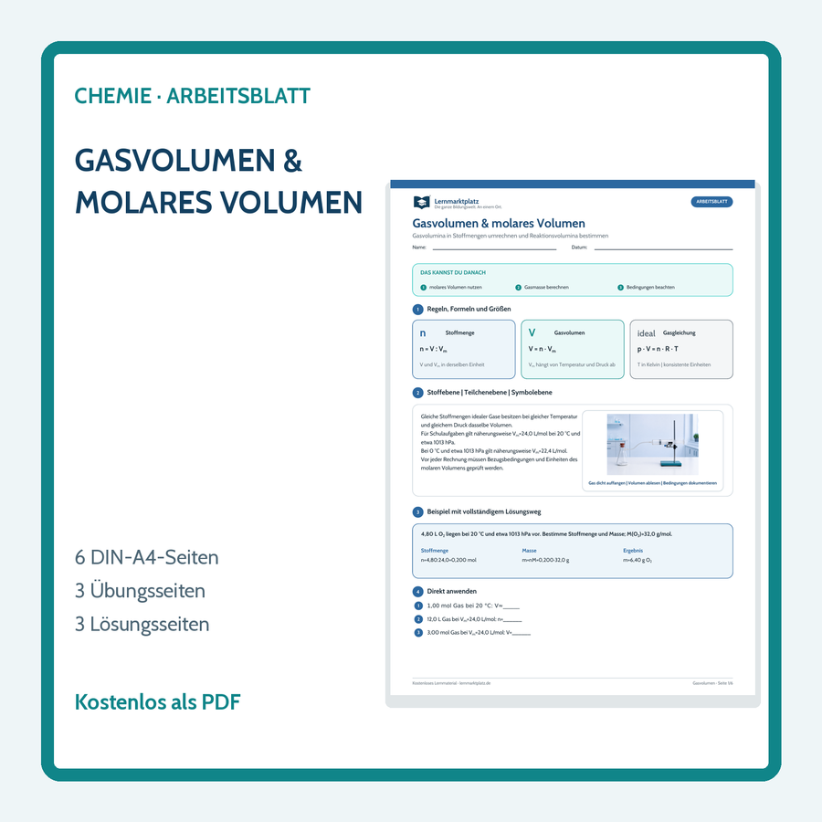 Chemie-Arbeitsblatt Gasvolumen und molares Volumen mit Lösungen
