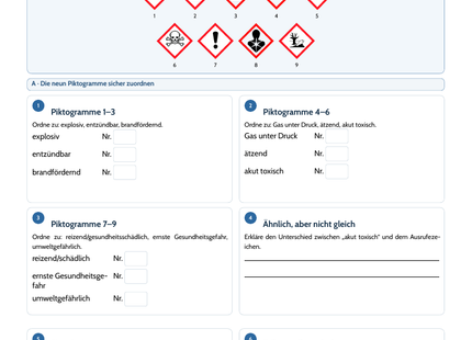 Vorschau des Chemie-Arbeitsblatts Gefahrstoffe, GHS-Symbole und sicheres Experimentieren