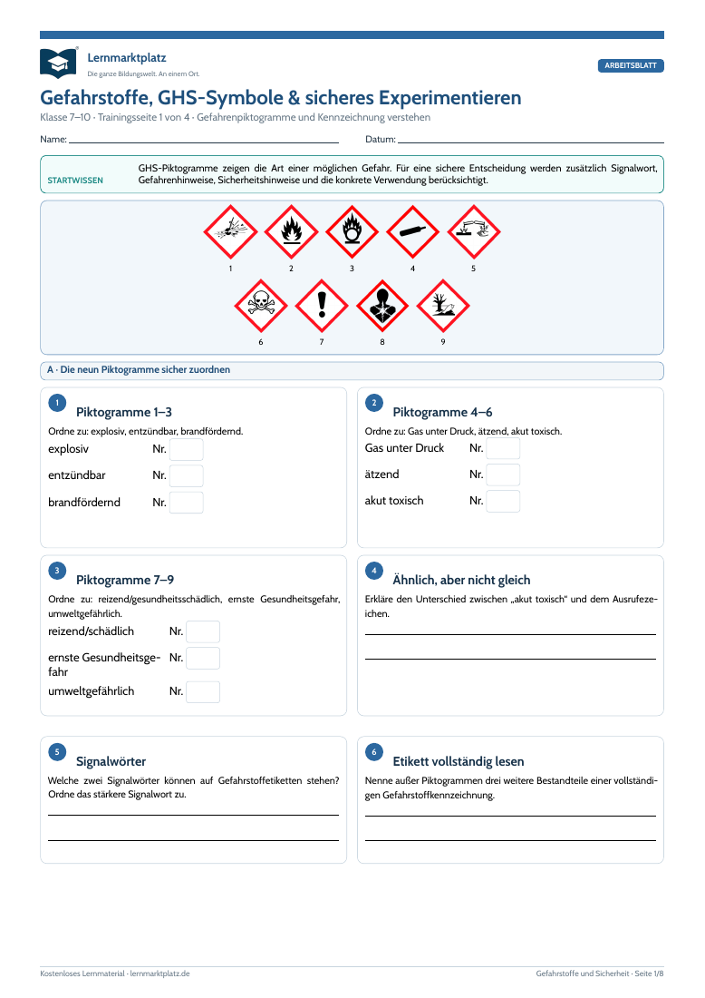 Vorschau des Chemie-Arbeitsblatts Gefahrstoffe, GHS-Symbole und sicheres Experimentieren