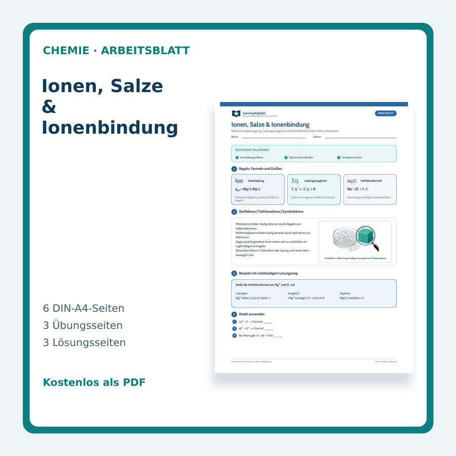 Chemie-Arbeitsblatt Ionen, Salze und Ionenbindung mit Lösungen