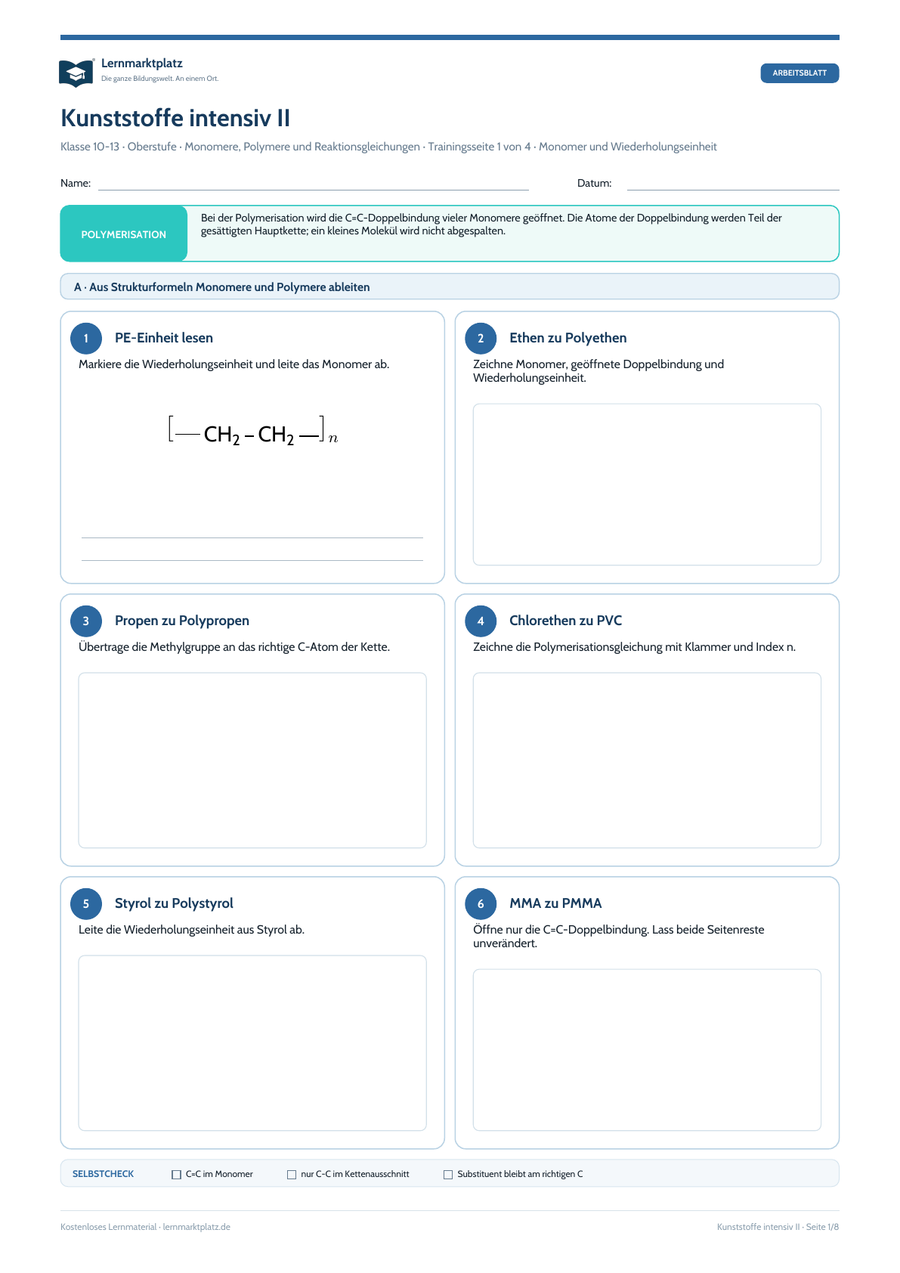 Kunststoffe intensiv II – Chemie-Arbeitsblatt mit Lösungen