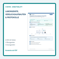 Laborgeräte, Versuchsaufbauten & Protokolle – kostenloses Chemie-Arbeitsblatt mit Lösungen (PDF)