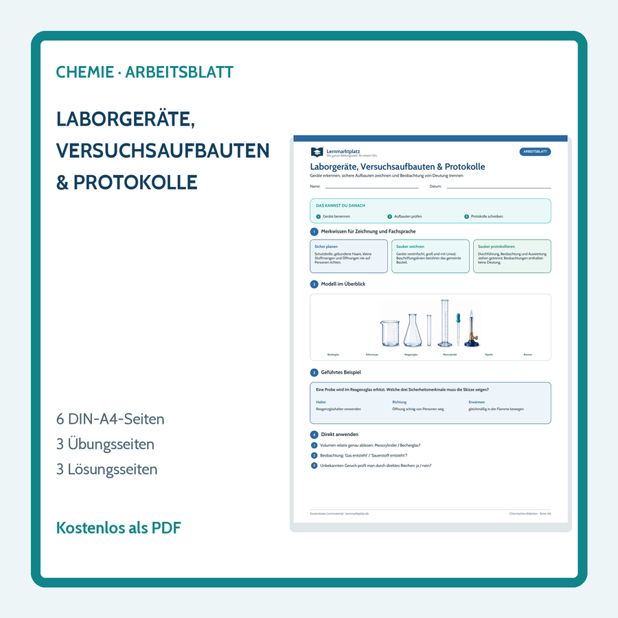 Laborgeräte, Versuchsaufbauten & Protokolle – Chemie-Arbeitsblatt mit Lösungen
