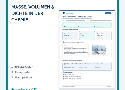 Chemie-Arbeitsblatt Masse Volumen und Dichte mit Lösungen