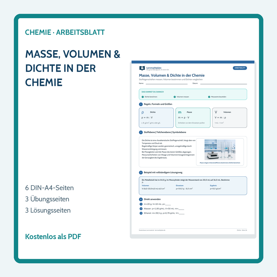 Chemie-Arbeitsblatt Masse Volumen und Dichte mit Lösungen