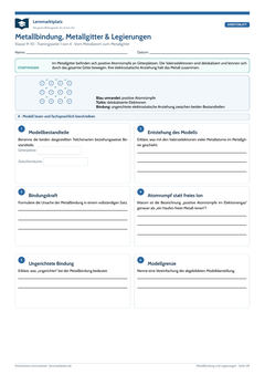 Metallbindung, Metallgitter & Legierungen – kostenloses Chemie-Arbeitsblatt mit Lösungen (PDF)