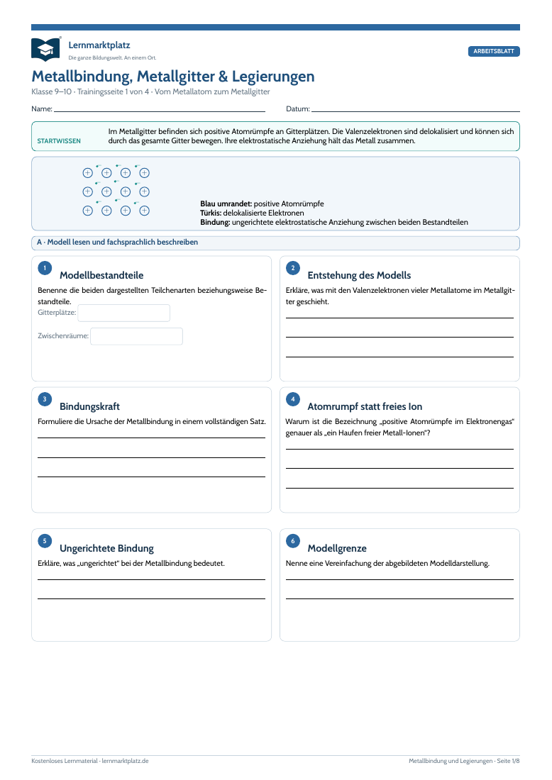 Vorschau des Chemie-Arbeitsblatts Metallbindung, Metallgitter und Legierungen