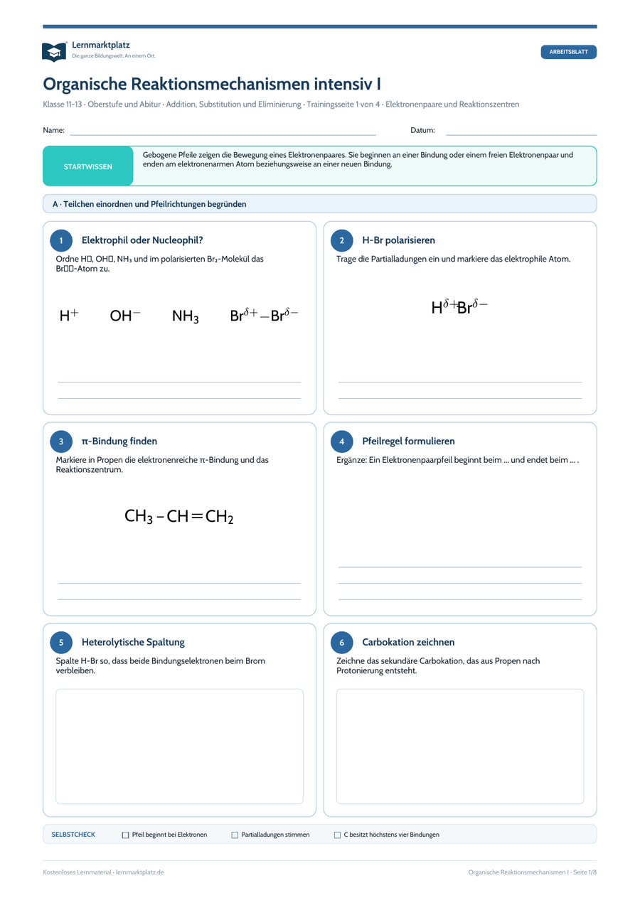 Organische Reaktionsmechanismen intensiv I – Chemie-Arbeitsblatt mit Lösungen