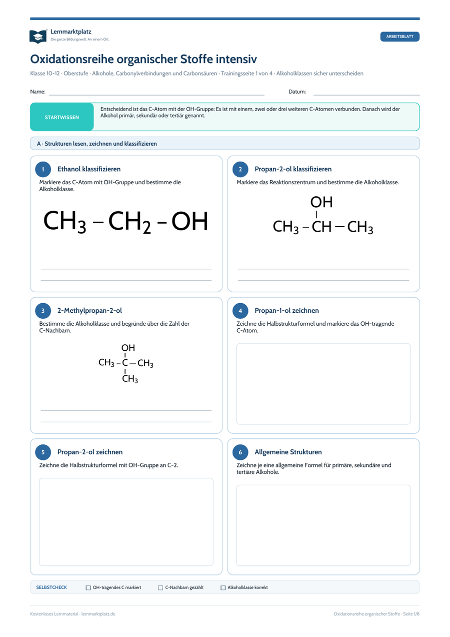 Oxidationsreihe organischer Stoffe intensiv – Chemie-Arbeitsblatt mit Lösungen