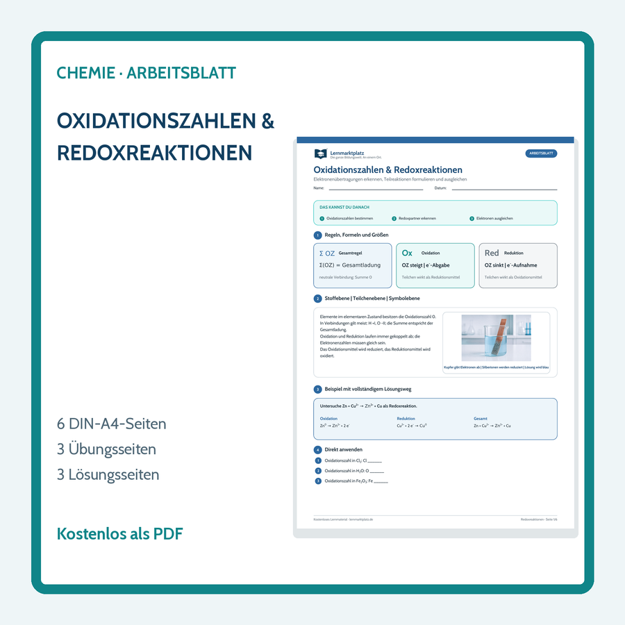 Chemie-Arbeitsblatt Oxidationszahlen und Redoxreaktionen mit Lösungen