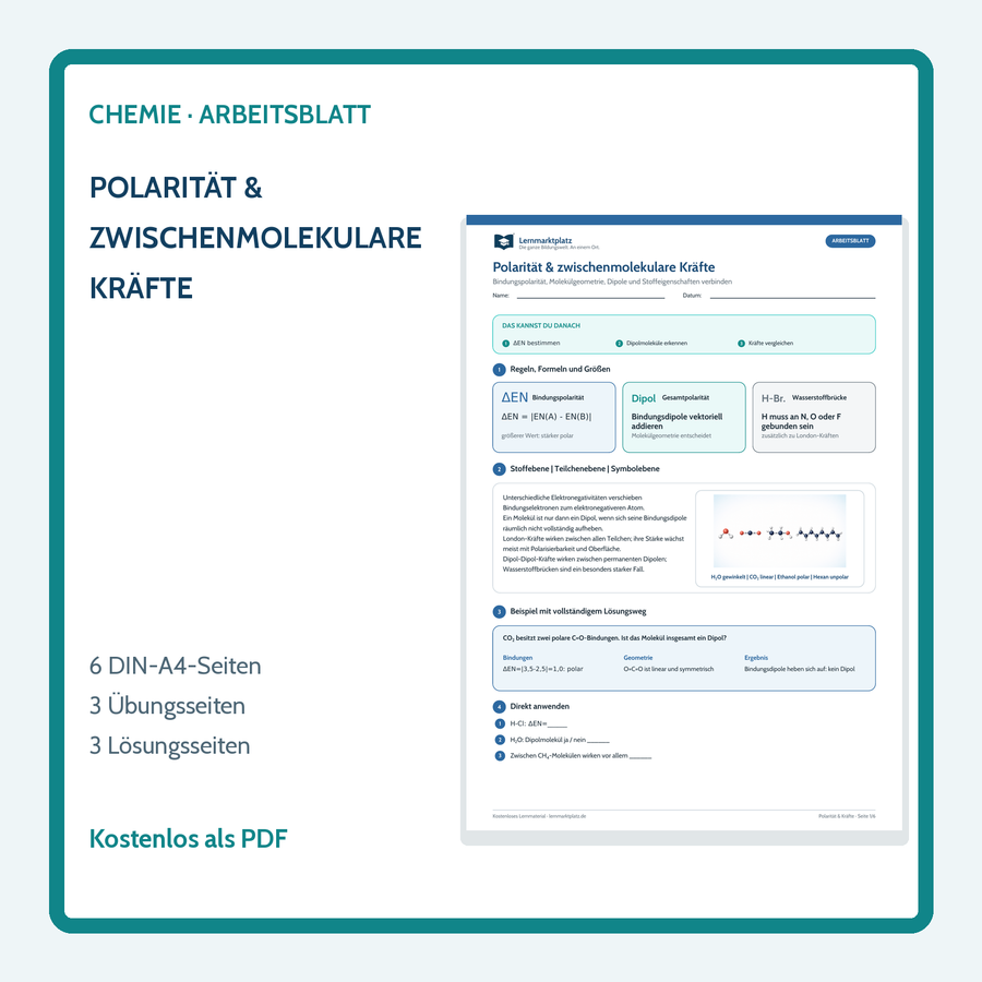 Polarität, Dipolmoleküle und zwischenmolekulare Kräfte – Chemie-Arbeitsblatt mit Lösungen