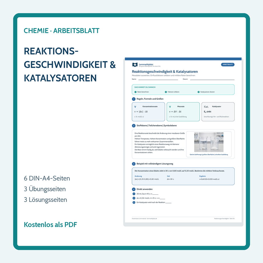 Chemie-Arbeitsblatt Reaktionsgeschwindigkeit und Katalysatoren mit Lösungen