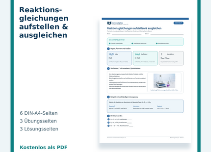 Chemie-Arbeitsblatt Reaktionsgleichungen aufstellen und ausgleichen mit Lösungen