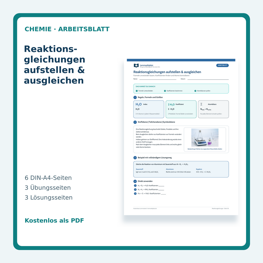 Chemie-Arbeitsblatt Reaktionsgleichungen aufstellen und ausgleichen mit Lösungen