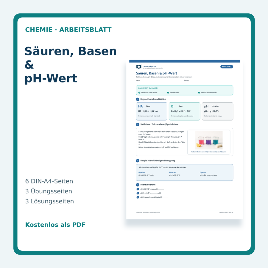 Chemie-Arbeitsblatt Säuren, Basen und pH-Wert mit Lösungen