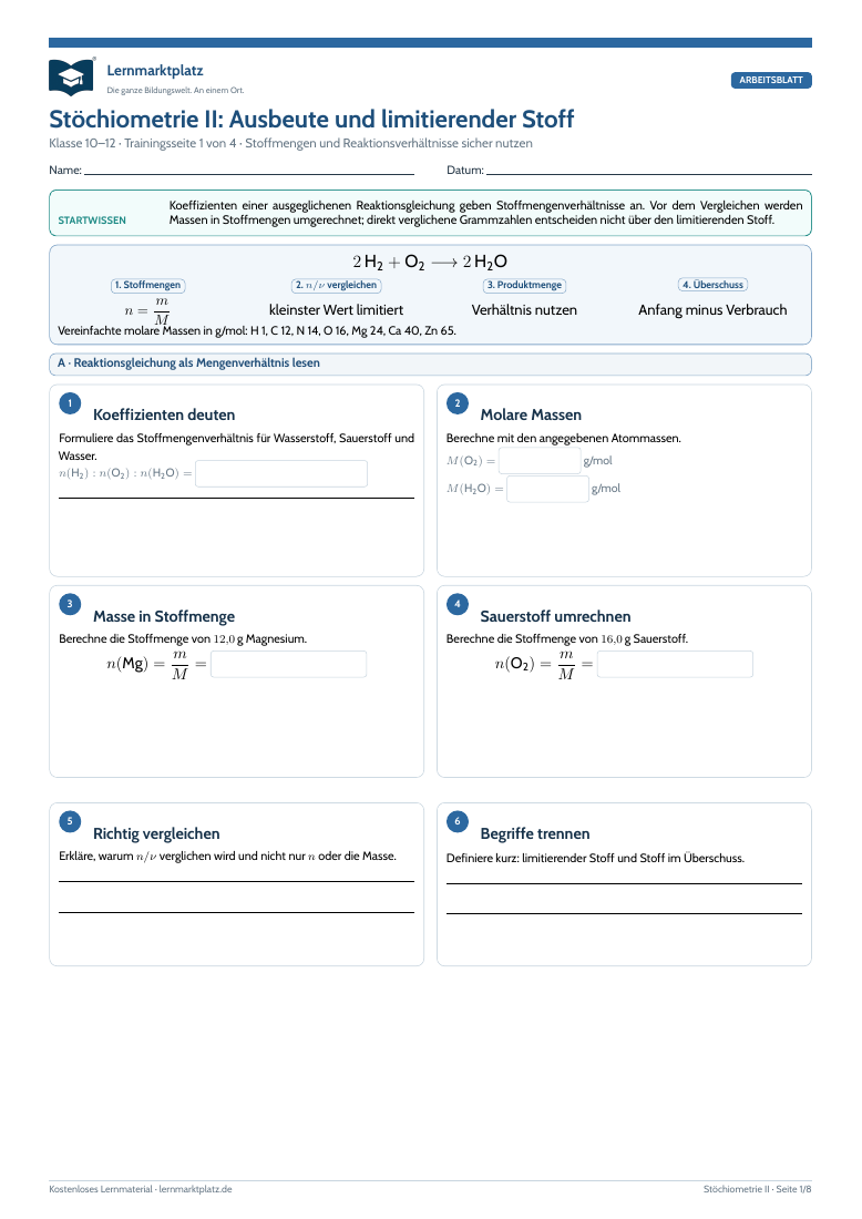 Vorschau des Chemie-Arbeitsblatts Stöchiometrie II, Ausbeute und limitierender Stoff