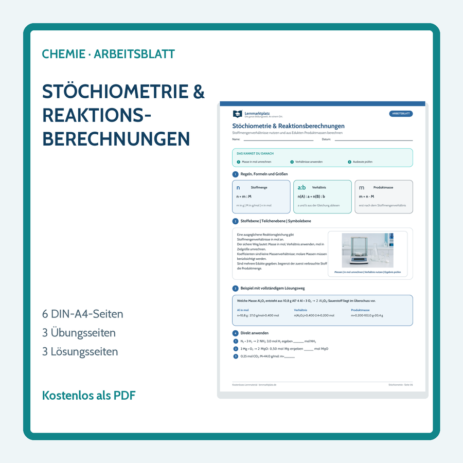 Chemie-Arbeitsblatt Stöchiometrie und Reaktionsberechnungen mit Lösungen