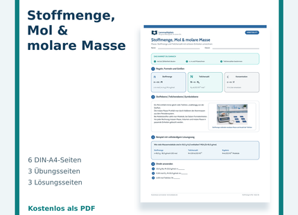Chemie-Arbeitsblatt Stoffmenge, Mol und molare Masse mit Lösungen