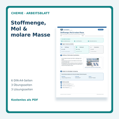 Stoffmenge, Mol & molare Masse – kostenloses Chemie-Arbeitsblatt mit Lösungen (PDF)