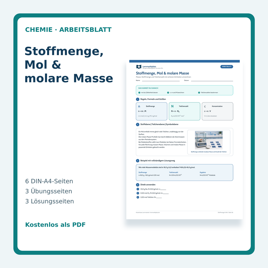 Chemie-Arbeitsblatt Stoffmenge, Mol und molare Masse mit Lösungen