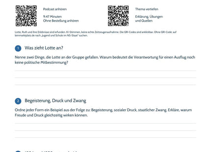 Hörarbeitsblatt zur Folge Dazugehören – um welchen Preis? Mit Rucksackmotiv, Aufgaben und QR-Codes.
