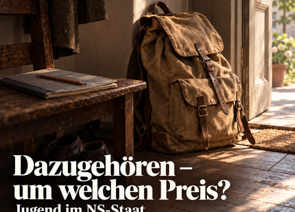 Gepackter Rucksack und Schulheft an einer Tür – symbolisches Cover zur Folge Dazugehören – um welchen Preis? KI-Illustration.
