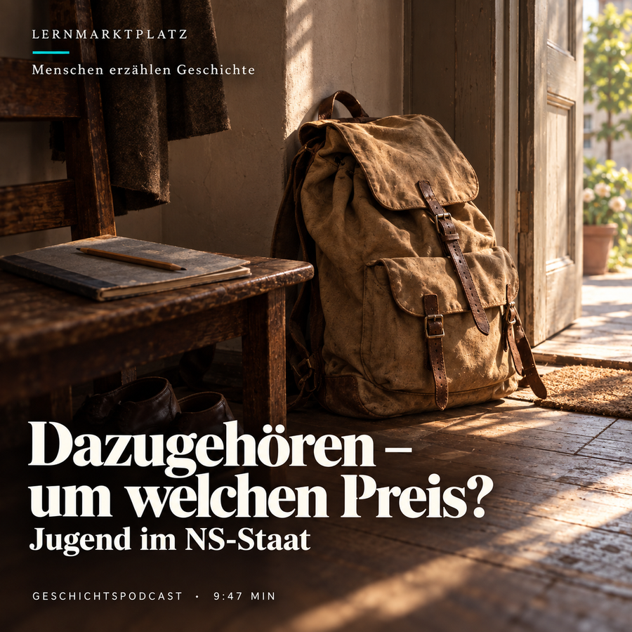 Gepackter Rucksack und Schulheft an einer Tür – symbolisches Cover zur Folge Dazugehören – um welchen Preis? KI-Illustration.
