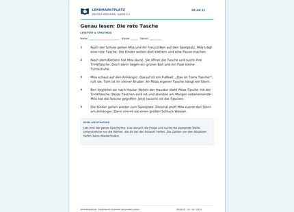 Genau lesen: Die rote Tasche – kostenloses Deutsch-Arbeitsblatt mit Lösungen (PDF)
