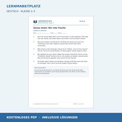 Genau lesen: Die rote Tasche – kostenloses Deutsch-Arbeitsblatt mit Lösungen (PDF)