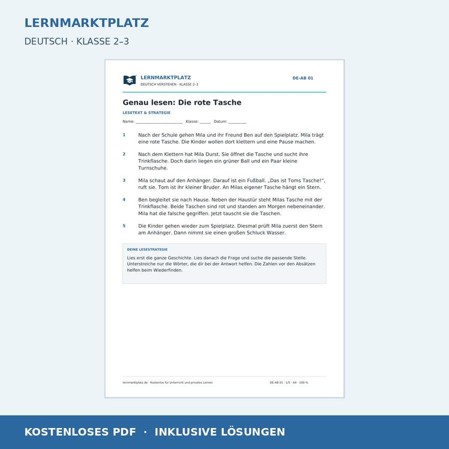 Genau lesen: Die rote Tasche – kostenloses Deutsch-Arbeitsblatt mit Lösungen (PDF)