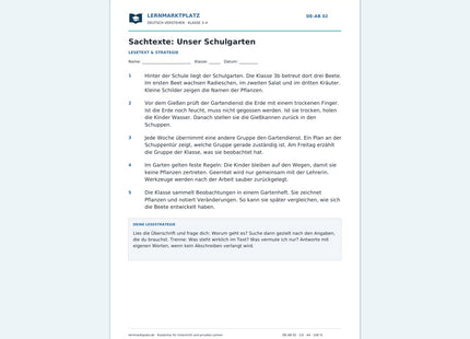 Sachtexte: Unser Schulgarten – kostenloses Deutsch-Arbeitsblatt mit Lösungen (PDF)