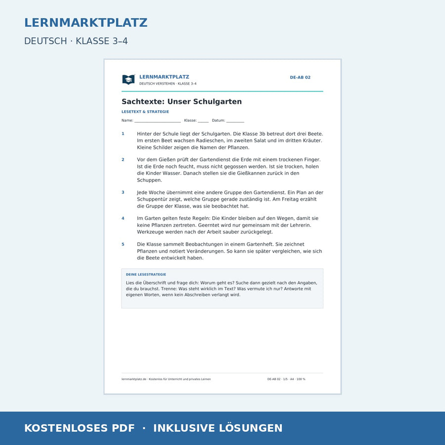 Sachtexte: Unser Schulgarten – kostenloses Deutsch-Arbeitsblatt mit Lösungen (PDF)