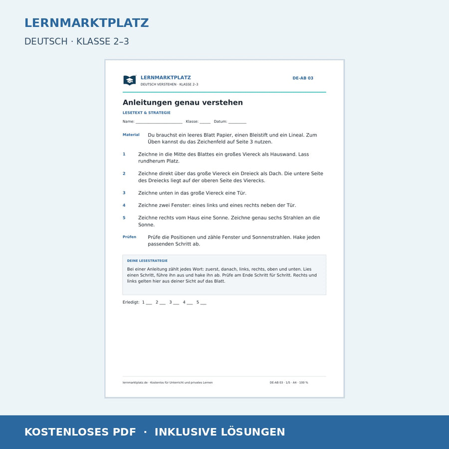 Anleitungen genau verstehen – kostenloses Deutsch-Arbeitsblatt mit Lösungen (PDF)
