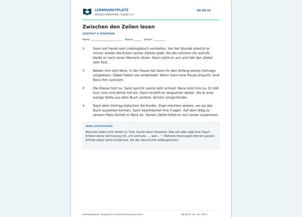 Zwischen den Zeilen lesen – kostenloses Deutsch-Arbeitsblatt mit Lösungen (PDF)
