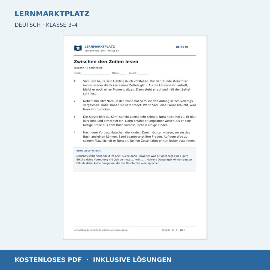 Zwischen den Zeilen lesen – kostenloses Deutsch-Arbeitsblatt mit Lösungen (PDF)