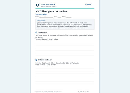 Mit Silben genau schreiben – kostenloses Deutsch-Arbeitsblatt mit Lösungen (PDF)