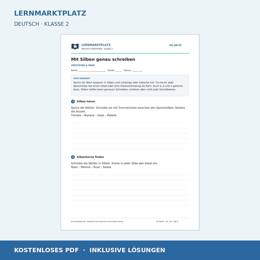 Mit Silben genau schreiben – kostenloses Deutsch-Arbeitsblatt mit Lösungen (PDF)