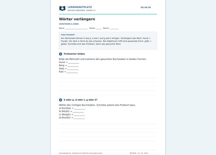 Wörter verlängern – kostenloses Deutsch-Arbeitsblatt mit Lösungen (PDF)