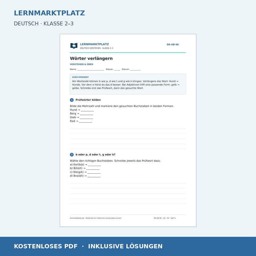 Wörter verlängern – kostenloses Deutsch-Arbeitsblatt mit Lösungen (PDF)