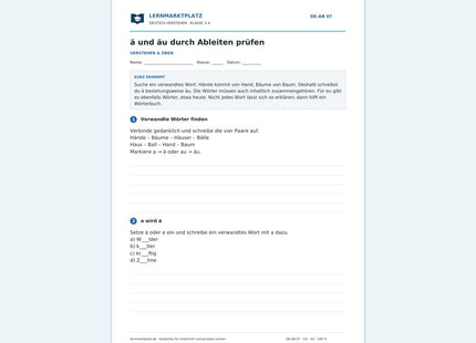 ä und äu durch Ableiten prüfen – kostenloses Deutsch-Arbeitsblatt mit Lösungen (PDF)