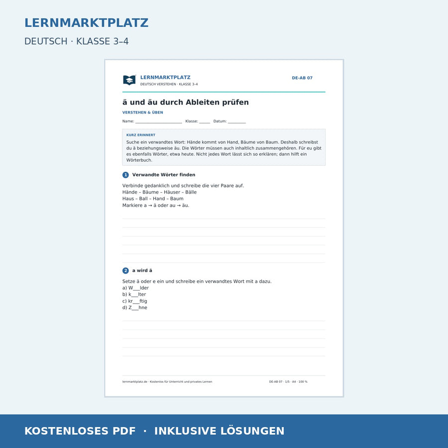 ä und äu durch Ableiten prüfen – kostenloses Deutsch-Arbeitsblatt mit Lösungen (PDF)