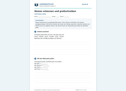 Nomen erkennen und großschreiben – kostenloses Deutsch-Arbeitsblatt mit Lösungen (PDF)
