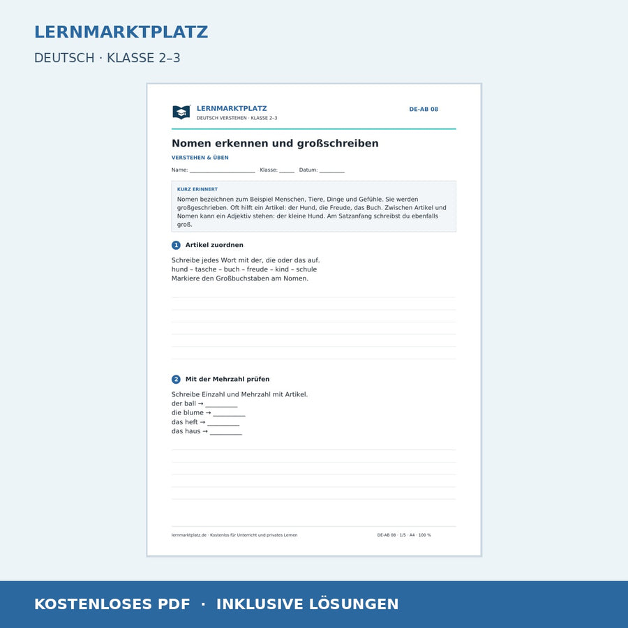 Nomen erkennen und großschreiben – kostenloses Deutsch-Arbeitsblatt mit Lösungen (PDF)