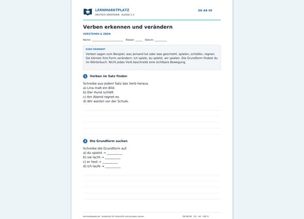 Verben erkennen und verändern – kostenloses Deutsch-Arbeitsblatt mit Lösungen (PDF)