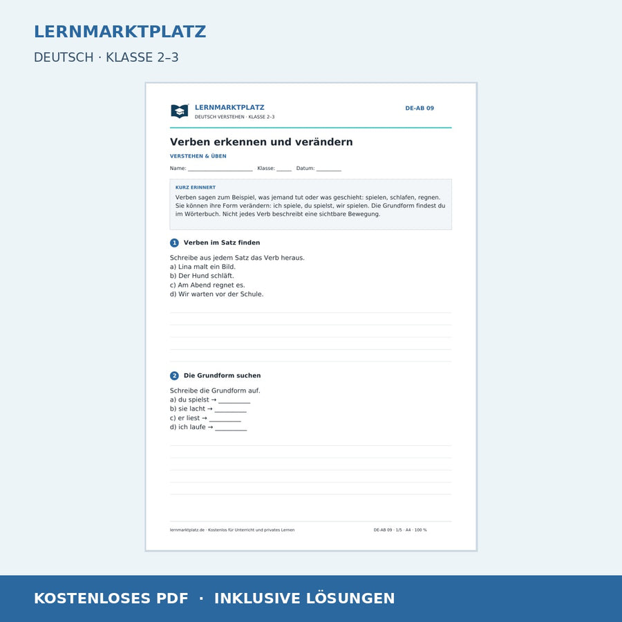 Verben erkennen und verändern – kostenloses Deutsch-Arbeitsblatt mit Lösungen (PDF)