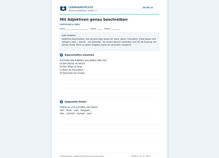 Mit Adjektiven genau beschreiben – kostenloses Deutsch-Arbeitsblatt mit Lösungen (PDF)