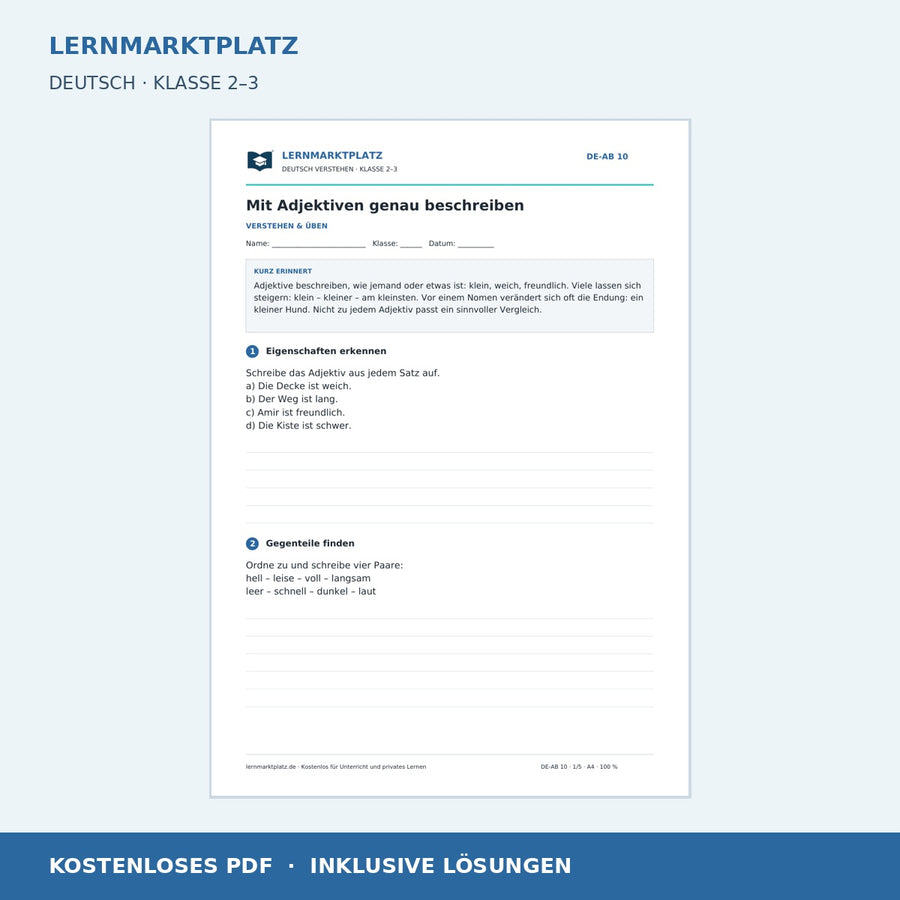Mit Adjektiven genau beschreiben – kostenloses Deutsch-Arbeitsblatt mit Lösungen (PDF)